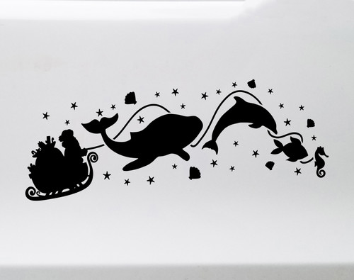 White Christmas vinyl window decal featuring Santa Claus in a sleigh pulled by a whale, dolphin, fish and seahorse surrounded by stars and seashells