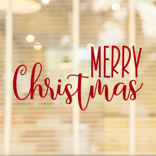 Merry Christmas vinyl window decal featuring tall uppercase MERRY lettering above flowing cursive Christmas script with decorative flourishes