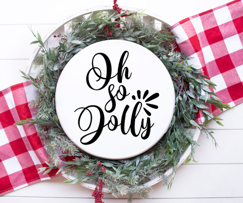 Oh So Jolly Christmas vinyl window decal featuring decorative hand-lettered script typography with flowing flourishes and festive accent marks