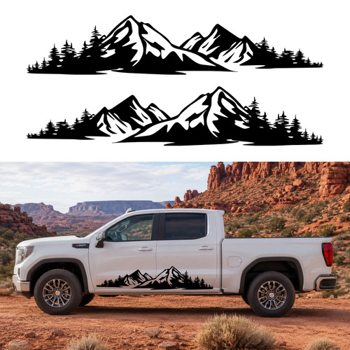 mirrored mountain vinyl decal pair featuring rugged mountain peaks and evergreen forests for trucks campers rvs overland vehicles and adventure rigs