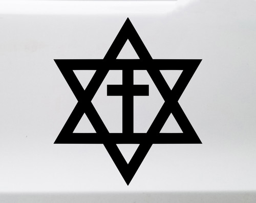 Messianic Cross Star of David vinyl decal featuring a Christian cross centered inside a six-pointed Jewish star, religious faith symbol for vehicle windows and decorative surfaces