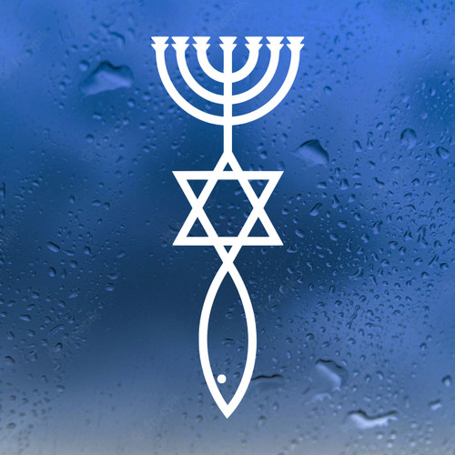 Messianic Judaism symbol vinyl decal featuring seven branch menorah above Star of David and Christian Ichthys fish in vertical religious design