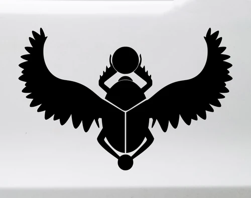 Egyptian winged scarab beetle vinyl decal with spread feathered wings and sun disk inspired by ancient Egyptian mythology and sacred scarab symbolism