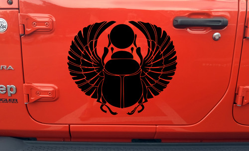 Egyptian winged scarab beetle vinyl decal with spread feathered wings and sun disk inspired by ancient Egyptian mythology and sacred scarab symbolism