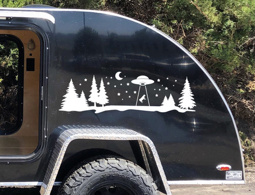 Cow Abduction UFO Moon Stars Vinyl Decal - Camping RV Travel Trailer Scene - Die Cut Sticker