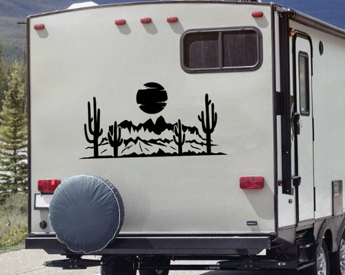 Desert Cactus Mountain Scene V4 Vinyl Decal - Sun RV Camper Graphics - Die Cut Sticker