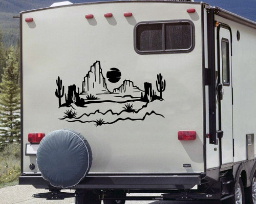 Desert Cactus Mountain Scene V8 Vinyl Decal - RV Camper Graphics Sun - Die Cut Sticker