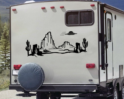 Desert UFO Cactus Mountains Scene V6 Vinyl Decal - Area 51 Flying Saucer Alien RV Camper Graphics - Die Cut Sticker