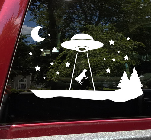 Cow Ufo Abduction Moon Stars Vinyl Decal | Alien Life Flying Saucer| Die Cut Sticker | Multiple Sizes Colors