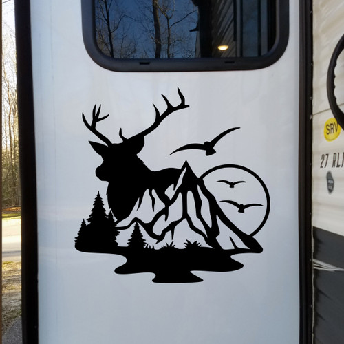 Deer Mountain Bird Scene Custom Vinyl Sticker V5 | Camper Trailer Decals | Die Cut Stickers