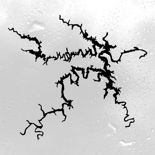 Truman Lake Missouri geographic outline vinyl decal shown in white on a tinted vehicle window, featuring the detailed branching shoreline, coves, and waterways of Harry S. Truman Reservoir.