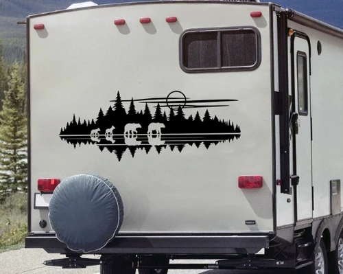 Lake Moon Bear Family Forest Scene vinyl decal featuring bears, pine trees, moon, and lake for RVs, campers, trucks, SUVs, trailers, and outdoor adventure vehicles.