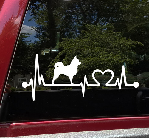Long Hair Chihuahua Love Heartbeat vinyl decal featuring a Long Coat Chihuahua dog silhouette with EKG pulse line and heart symbol, available in nine sizes with mirror option