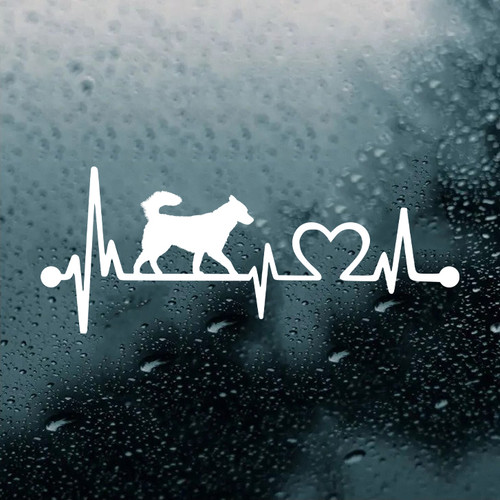 Husky Love Heartbeat vinyl decal featuring a Siberian Husky dog silhouette with EKG pulse line and heart symbol, available in nine sizes with mirror option