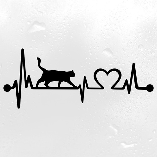Cat Love Heartbeat vinyl decal featuring a domestic feline silhouette with EKG pulse line and heart symbol, available in nine sizes with mirror option