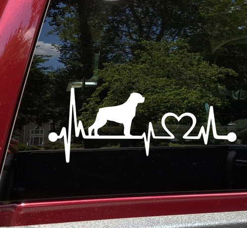 Rottweiler Rottie Love Heartbeat vinyl decal featuring a Rottweiler dog silhouette with EKG pulse line and heart symbol, available in nine sizes with mirror option