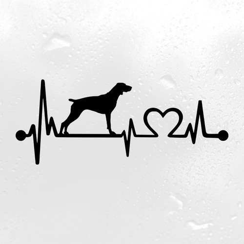 German Shorthaired Pointer GSP Love Heartbeat vinyl decal featuring a sporting hunting dog silhouette with EKG pulse line and heart symbol, available in nine sizes with mirror option