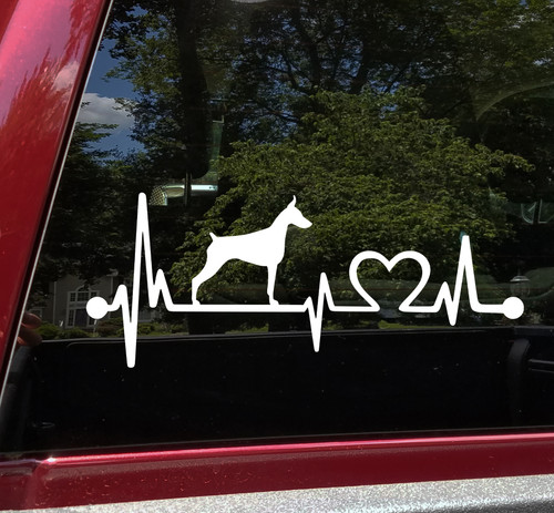 Doberman Pinscher Love Heartbeat vinyl decal featuring a Dobie dog silhouette with EKG pulse line and heart symbol, available in nine sizes with mirror option