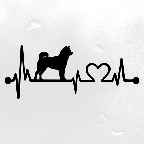 Shiba Inu Love Heartbeat vinyl decal featuring a Shiba Ken Japanese dog silhouette with EKG pulse line and heart symbol, available in nine sizes with mirror option