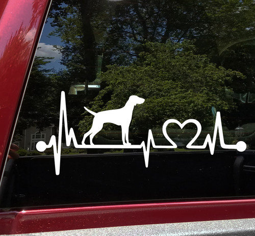 Weimaraner heartbeat vinyl decal featuring a dog silhouette with EKG pulse line, available in nine sizes with mirror option for cars, trucks and windows
