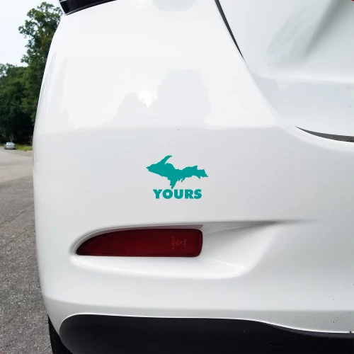 UP Yours Yooper Michigan Upper Peninsula vinyl decal featuring the U.P. map silhouette above bold YOURS lettering, available in nine sizes with 4-pack and 2-pack options