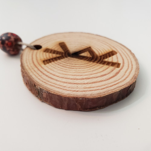 Wooden Norse bind rune car charm with hemp cord – double-sided Viking protection pendant

