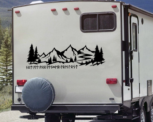 Mountain scene with trees vinyl decal featuring Not All Who Wander Are Lost in Futhark runes, available in multiple sizes and mirrored option. Mountain scene with trees vinyl decal featuring Not All Who Wander Are Lost in Futhark runes, available in multiple sizes and mirrored option.