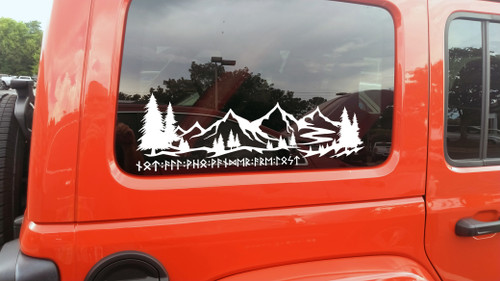 Mountain scene with trees vinyl decal featuring Not All Who Wander Are Lost in Futhark runes, available in multiple sizes and mirrored option. Mountain scene with trees vinyl decal featuring Not All Who Wander Are Lost in Futhark runes, available in multiple sizes and mirrored option.