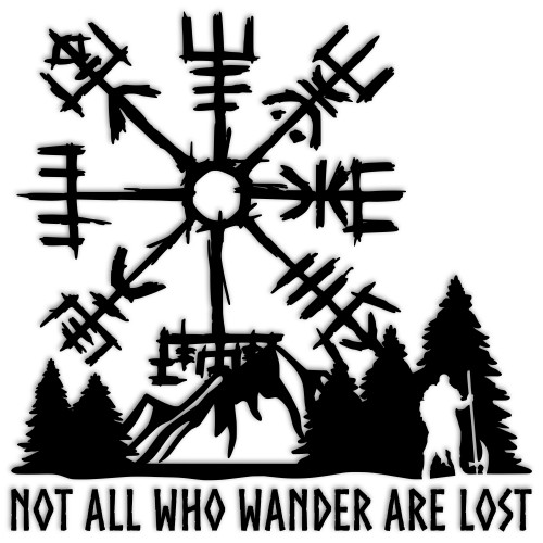 Viking Compass Vegvisir with Mountains and Warrior Vinyl Decal – Not All Who Wander Are Lost