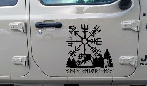Viking Compass Vegvisir with Warrior and Mountains – Not All Who Wander Are Lost in Elder Futhark Runes Vinyl Decal