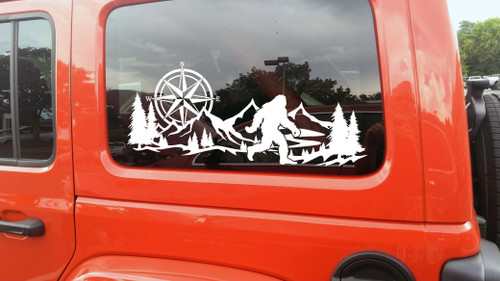 Mountains with Compass and Bigfoot Vinyl Decal Sticker – Sasquatch Hiking Camping RV Car Truck Wall Graphic