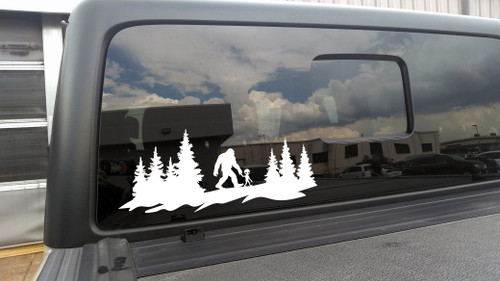 Bigfoot and Alien Forest Vinyl Decal - Sasquatch Cryptid Scene Sticker - Outdoor Adventure Art
