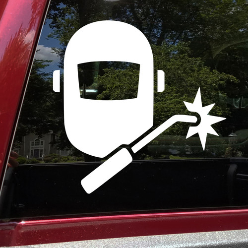 Welding Helmet with Torch Vinyl Decal – TIG MIG Stick Welder Shop Sticker with painted-on look, available in sizes 2.5x2.5 to 22.5x22.5 inches