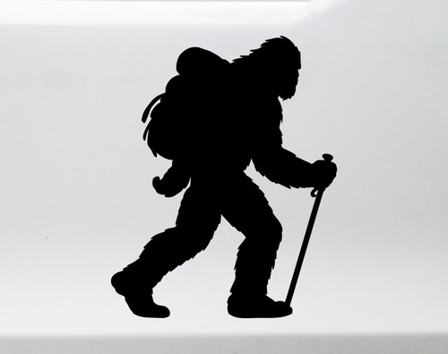 Bigfoot Hiker vinyl decal showing a walking Sasquatch silhouette in solid black with bold outline on white background