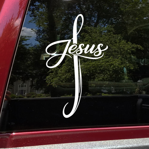 Jesus Cross vinyl decal showing a clean Christian cross silhouette in solid black on a white background