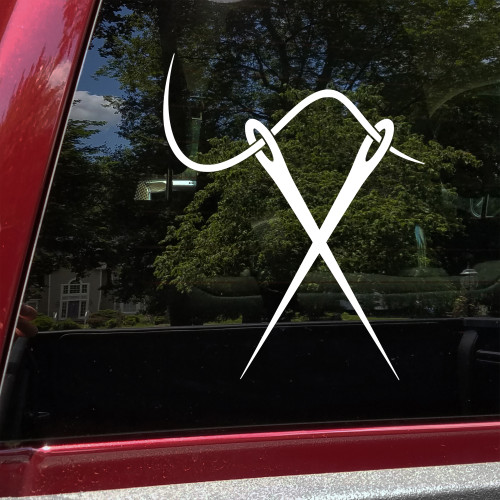 Crossed Sewing Needles Vinyl Decal with Thread sewing symbol