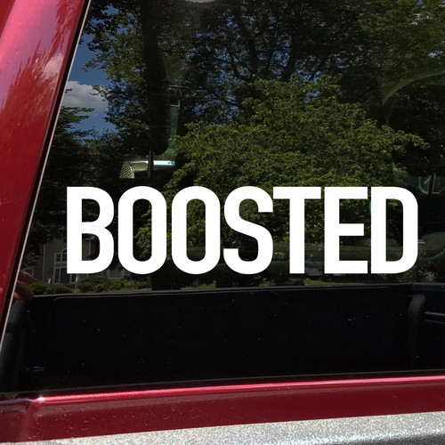Boosted vinyl decal featuring bold performance lettering inspired by turbocharged and modified car culture on a white background