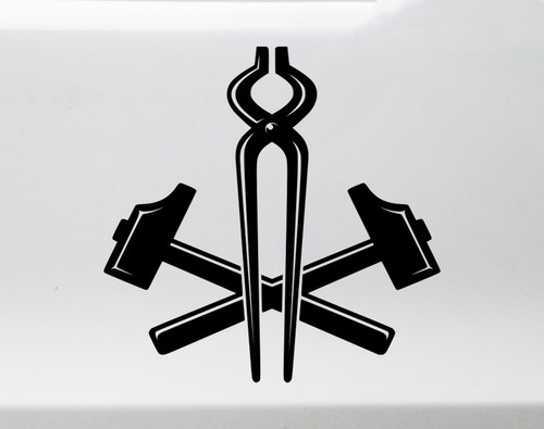 crossed blacksmith hammers pincers tongs pullers vinyl sticker decal forging tools