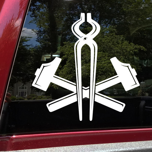 crossed blacksmith hammers pincers tongs pullers vinyl sticker decal forging tools