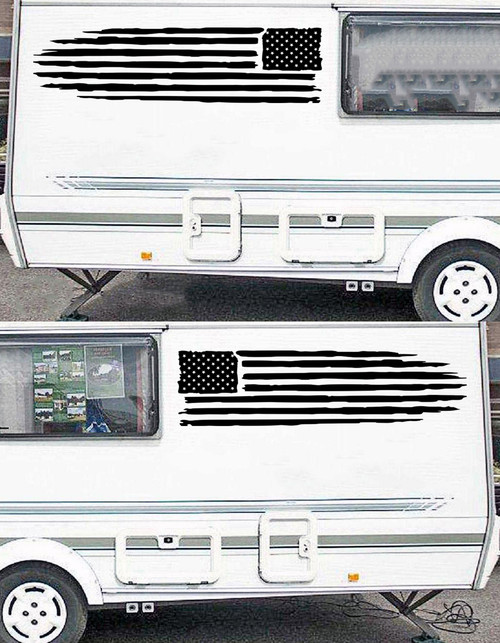 mirrored pair of distressed american flag matte black vinyl sticker decal long truck rv camper trailer