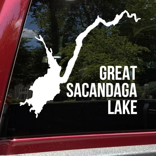 Great Sacandaga Lake outline vinyl sticker decal applied to car window showing Adirondack New York map shape with text placement