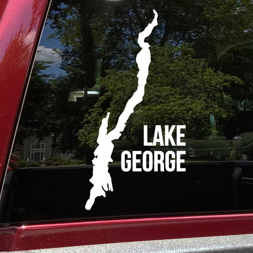 Lake George outline vinyl sticker decal applied to car window showing Adirondack New York map shape with integrated text design