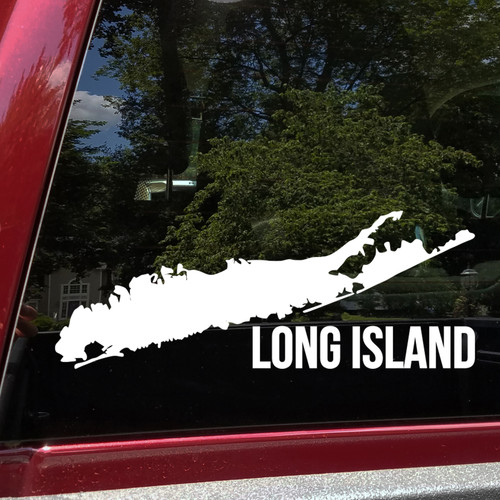 Long Island New York outline vinyl sticker decal applied to car window showing Nassau Suffolk Hamptons Montauk coastal map shape