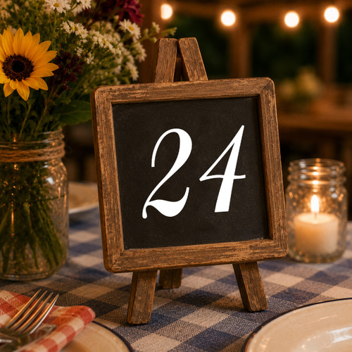 Balmoral script wedding table number vinyl decal set displayed for elegant reception seating arrangements and family event decor