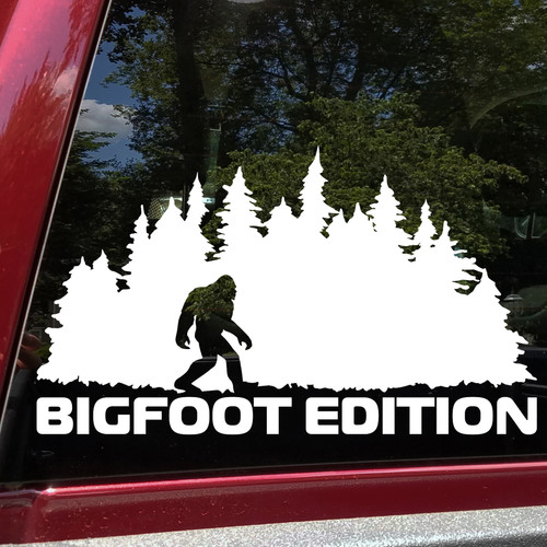 bigfoot edition forest vinyl sticker decal with sasquatch silhouette and pine trees for outdoor adventure vehicles