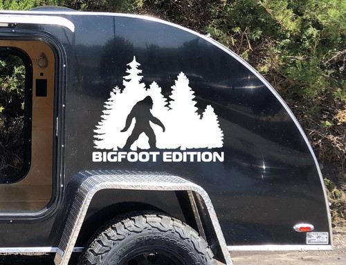 bigfoot edition forest vinyl sticker decal featuring sasquatch walking through pine trees in outdoor adventure styling