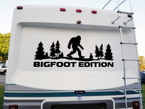 bigfoot edition forest vinyl sticker decal featuring sasquatch walking through pine trees in outdoor adventure styling