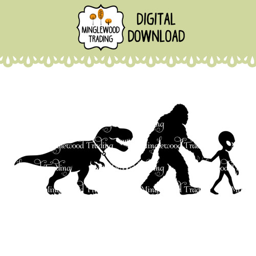 T Rex Bigfoot Alien SVG digital download featuring a humorous cryptid dinosaur and extraterrestrial adventure silhouette design for campers and RV owners.