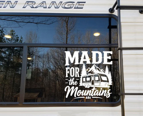 made for the mountains vinyl sticker decal featuring rugged outdoor adventure typography inspired by camping hiking and mountain living