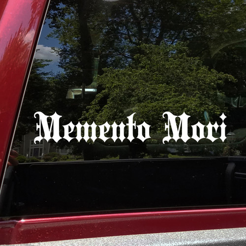 memento mori vinyl sticker decal featuring classic roman serif typography and latin stoic philosophy phrase promoting purposeful living